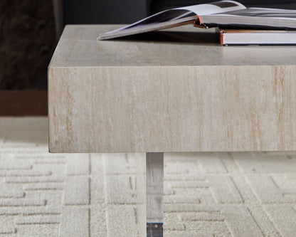 34.65'' Square Faux Travertine Coffee Table with Acrylic Legs, Modern MDF Design
