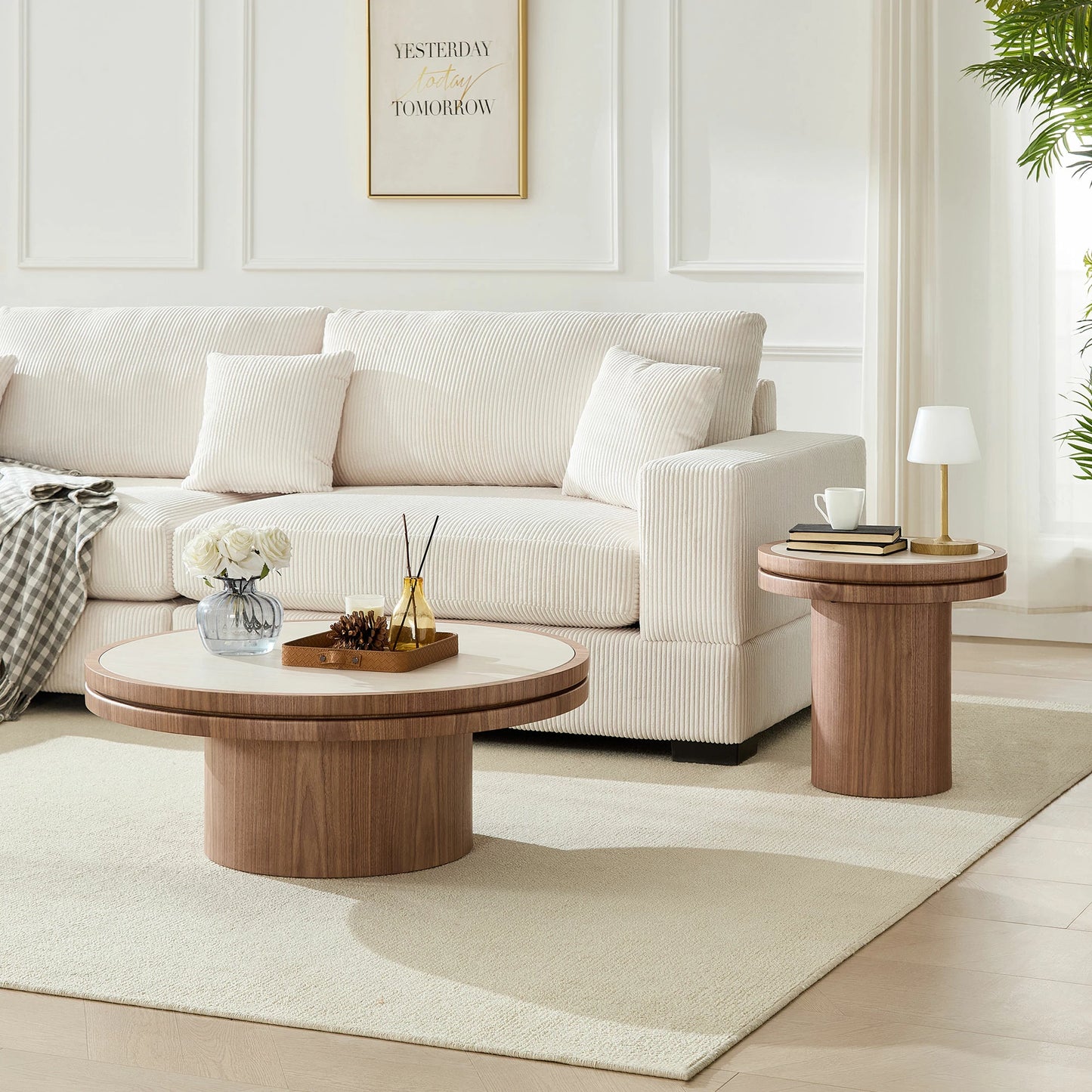 Set of 2 Round Coffee Tables – Sintered Stone Top, Walnut