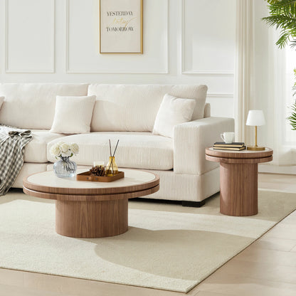 Set of 2 Round Coffee Tables – Sintered Stone Top, Walnut