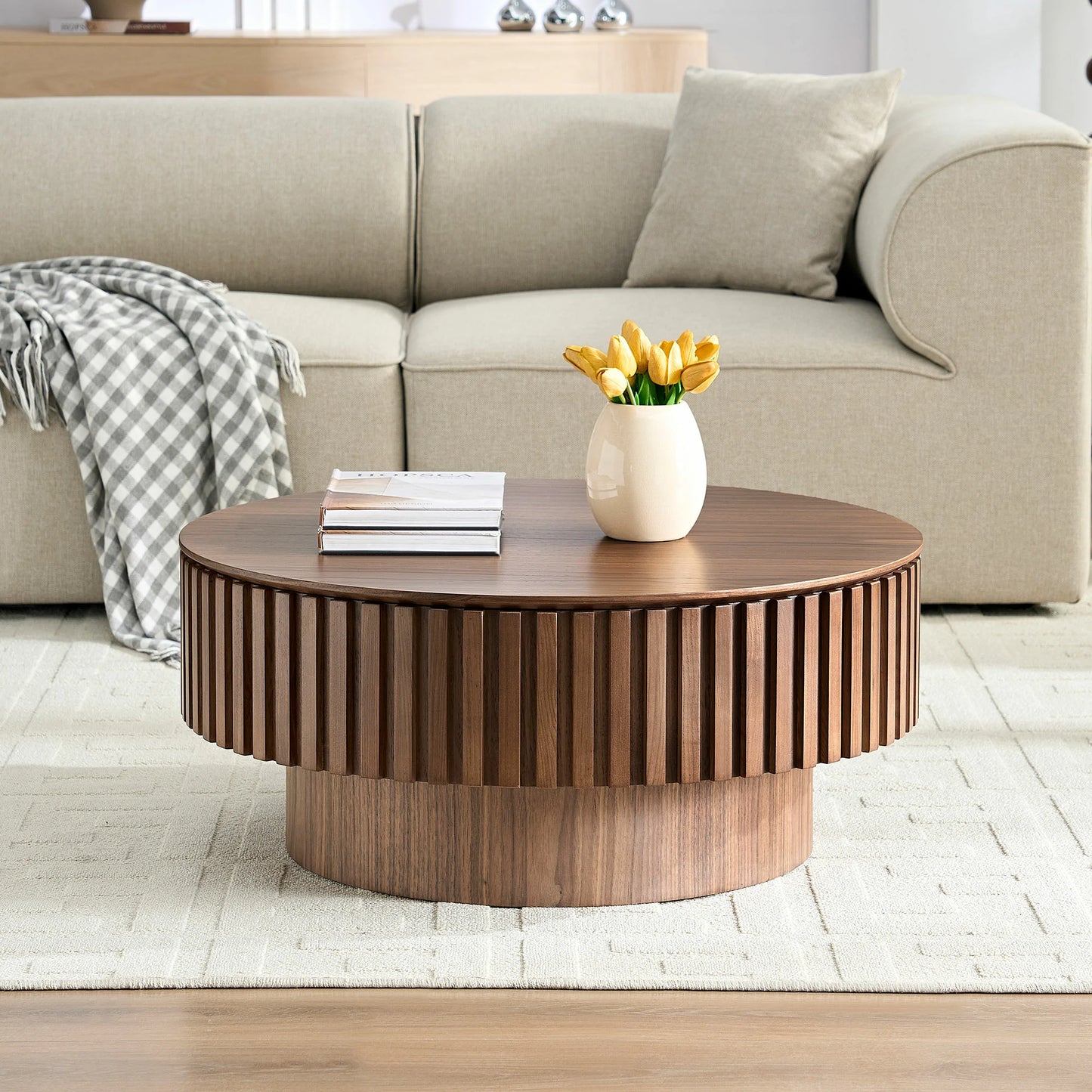 31.49" Round Coffee Table with Storage & Pedestal Base - Multi-Color