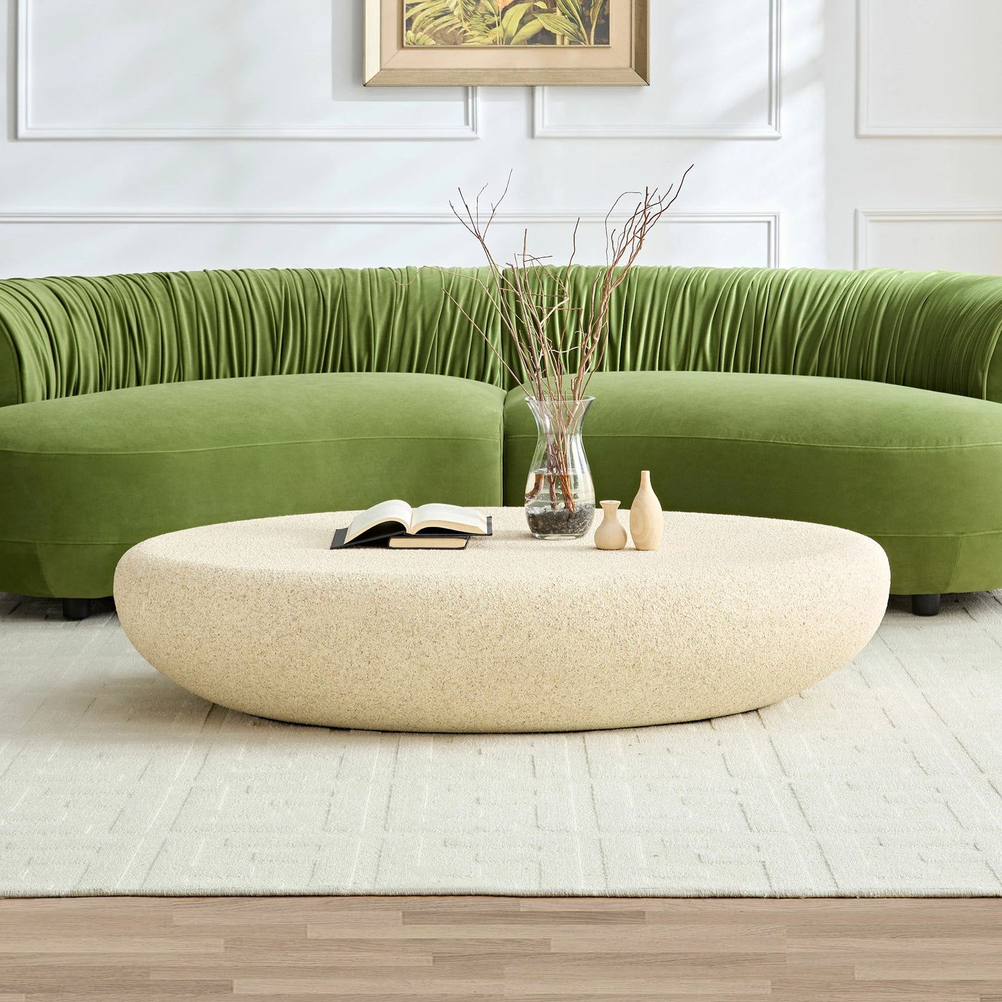 53.35" Elliptical Fiberglass Coffee Table – Matte Rock Texture, No Assembly