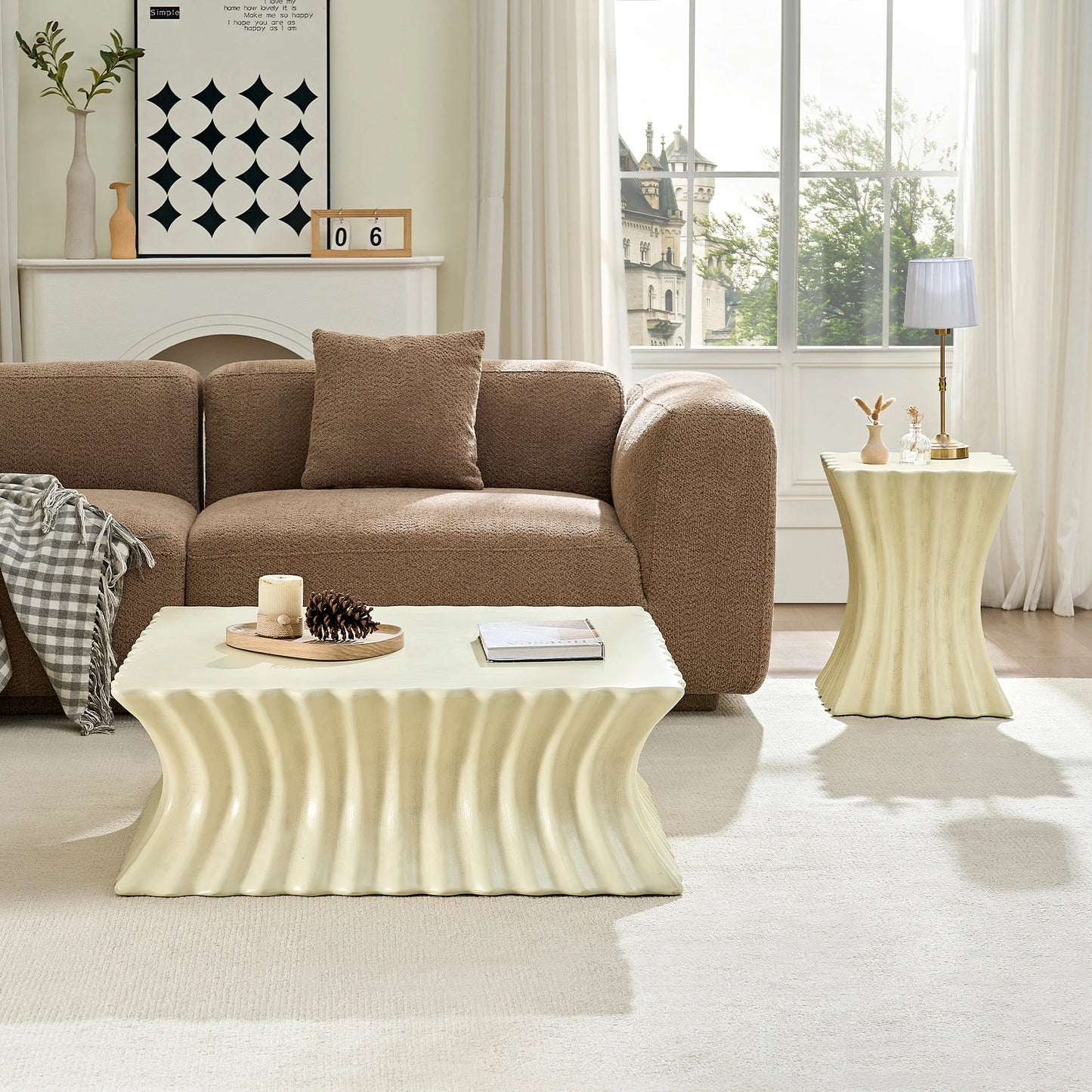 35.43" Square Fiberglass Coffee Table – No Assembly, Beige
