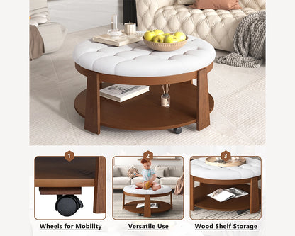 Modern Large Round Ottoman Coffee Table 2-Tier Oversized Button Tufted Ottoman