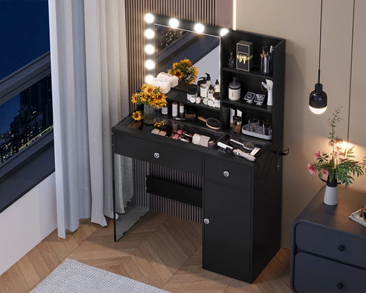 35.40“ Vanity Desk with LED Mirror & 3 Light Modes