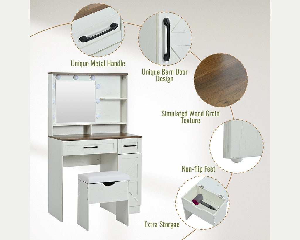31.50“ Farmhouse Vanity Set w/ LED Mirror, Stool & Storage - White
