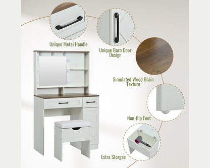 31.50“ Farmhouse Vanity Set w/ LED Mirror, Stool & Storage - White