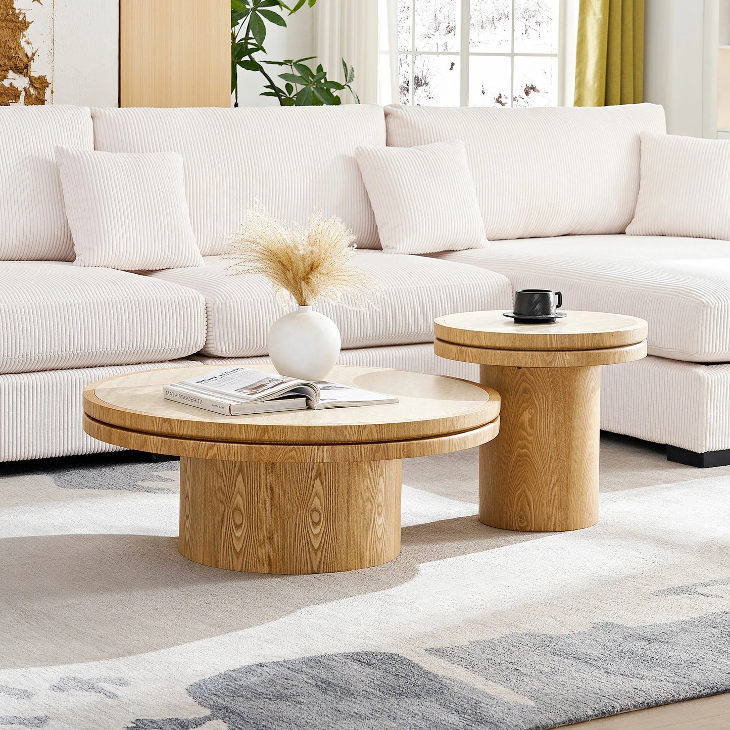 Set of 2 Round Coffee Tables – Sintered Stone Top, Walnut
