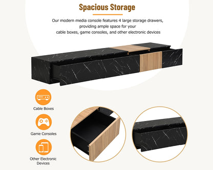 Modern TV Stand with Faux Marble & Walnut Finish for 88" TVs, 4-Drawer