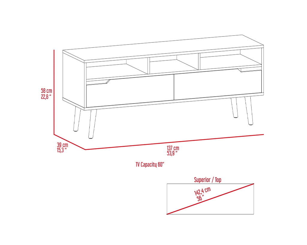 TV Stand for 52" TVs with 3 Open Shelves & 2 Drawers, Walnut Finish