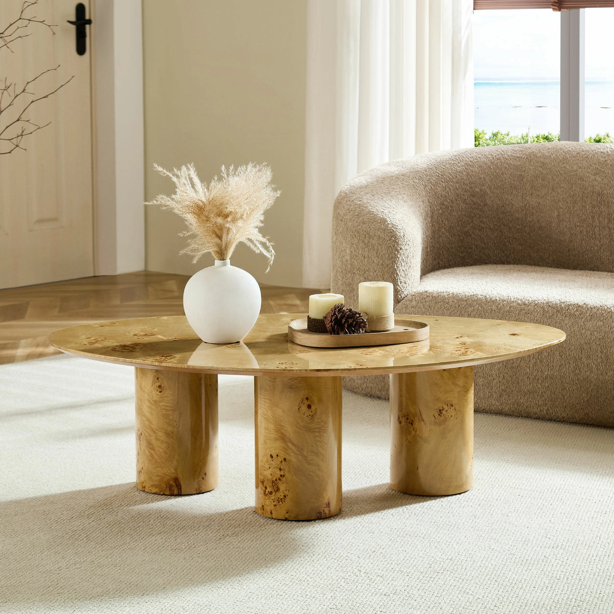 43.31" Burl Veneer Oval Coffee Table – 3 Cylindrical Legs, Mid-Century