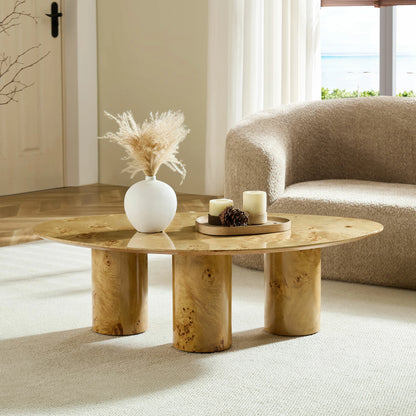 43.31" Burl Veneer Oval Coffee Table – 3 Cylindrical Legs, Mid-Century