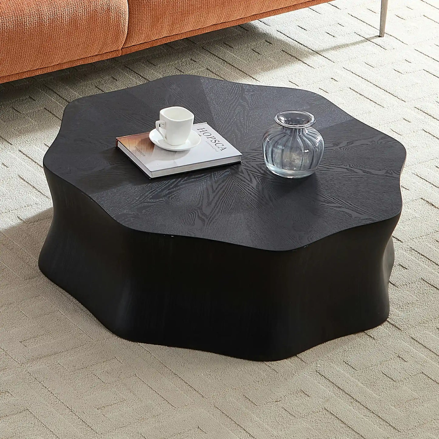 Petal Shape Coffee Table, Black Birch Wood Grain Fiberglass