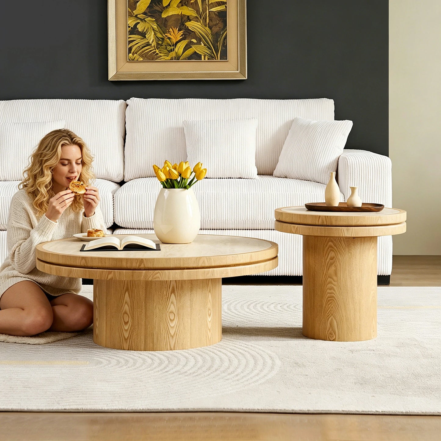 Set of 2 Round Coffee Tables – Sintered Stone Top, Walnut