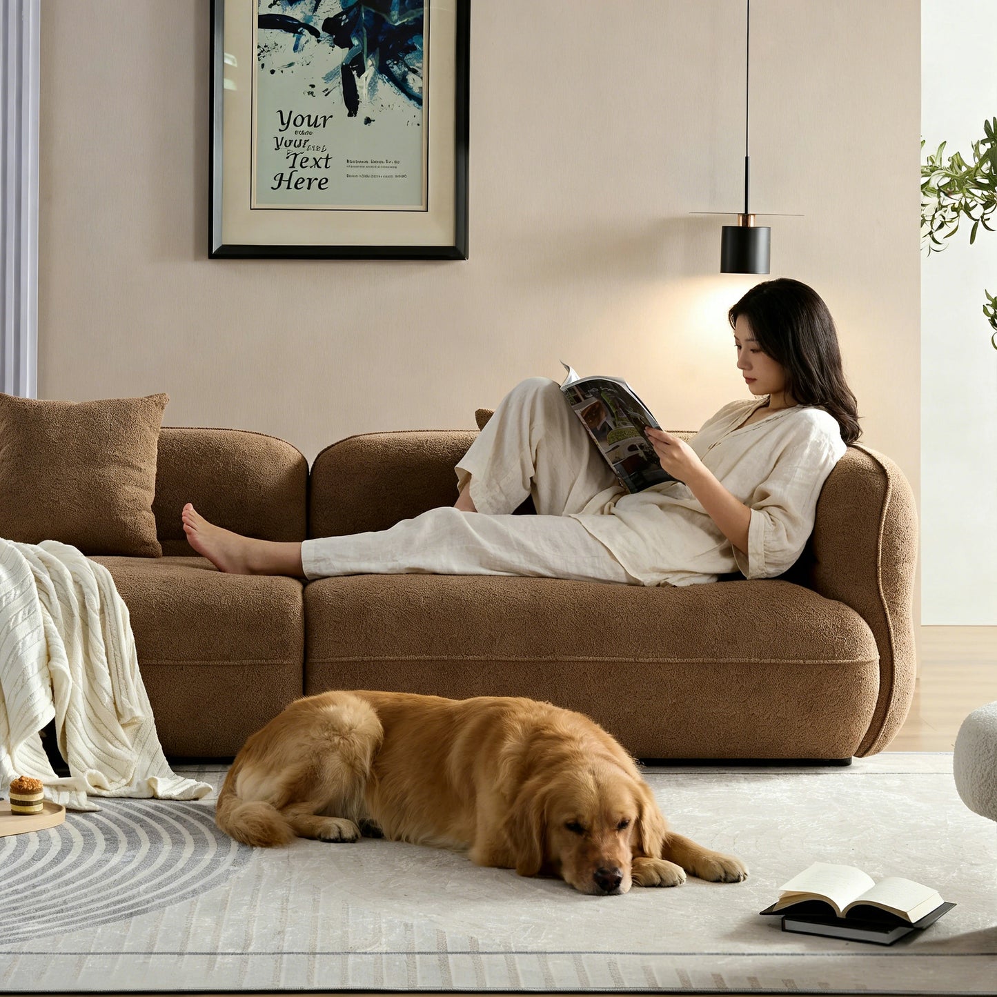102" Cloud Curved Sectional Sofa – Textured Fabric, 4-Seat Beige/Brown