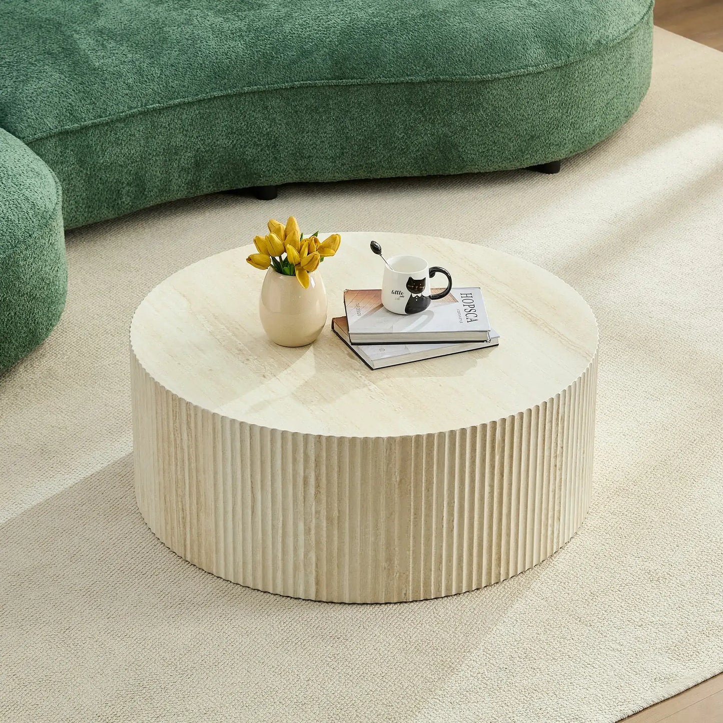 Faux Travertine Round Coffee Table with Eye-Catching Relief Design