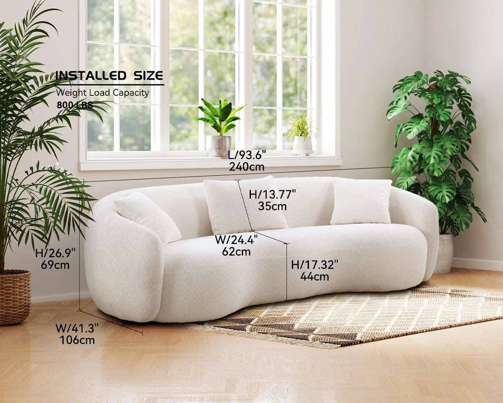 94.00" Mid-Century Modern Curved 4-Seat Boucle Sofa – Off-White Fabric Couch