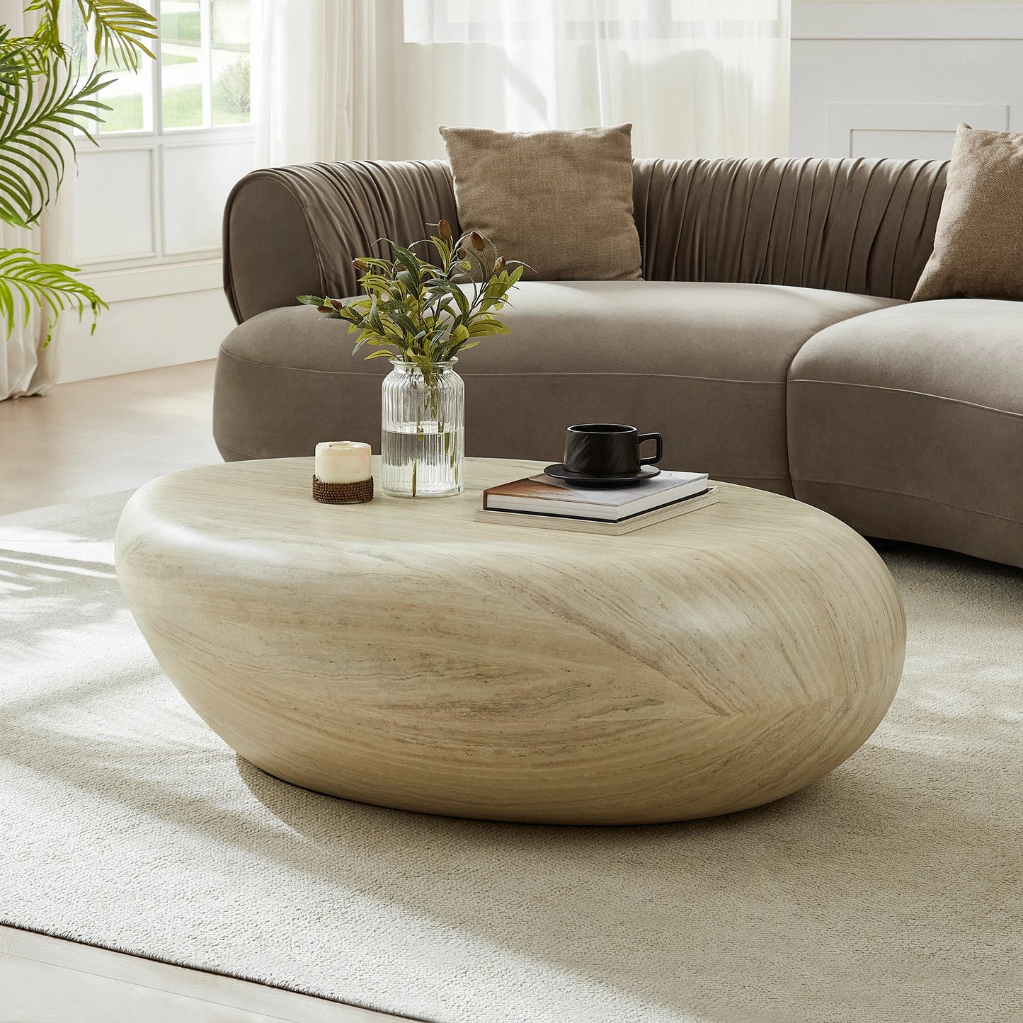 43.31" Elliptical Fiberglass Coffee Table – Matte Rock Texture, No Assembly