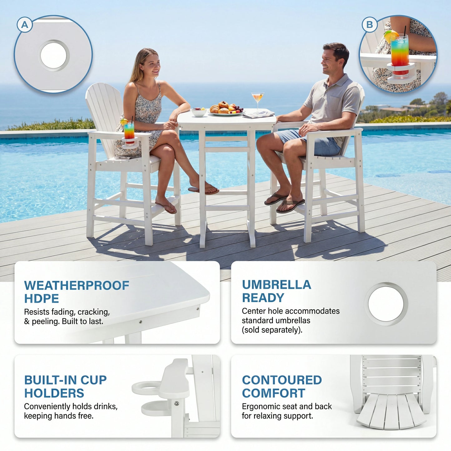 3-Piece HDPE Patio Set – High Table w/Umbrella Hole + 2 Stools