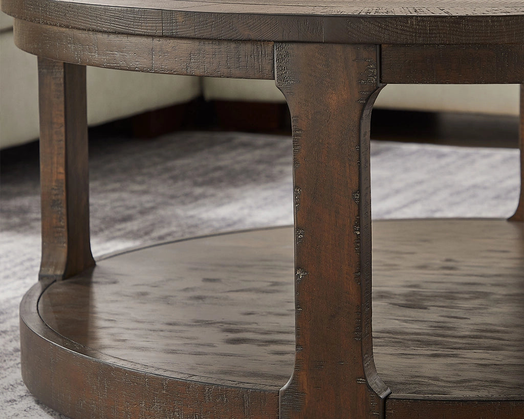 40-Inch Curved 2-Tier Round Wooden Coffee Table with Wheels, Mid-Century Rustic Style