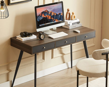 47.24" Mid Century Desk with USB Ports and Power Outlet, Modern Writing Study Desk with Drawers