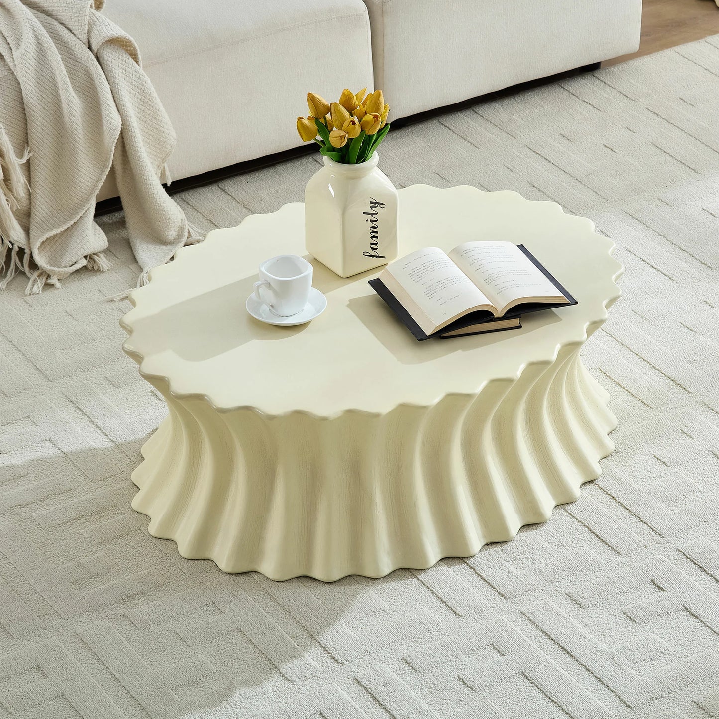 35.04" Oval Fiberglass Coffee Table – No Assembly, Vintage Beige