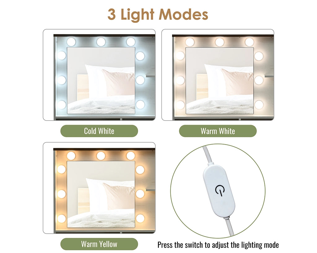 31.50“ Farmhouse Vanity Set w/ LED Mirror, Stool & Storage - White