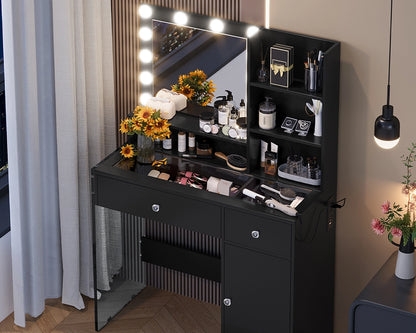 35.40“ Vanity Desk with LED Mirror & 3 Light Modes