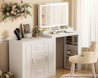 59" Lighted Mirror Vanity Desk with Drawers & Cabinets - White