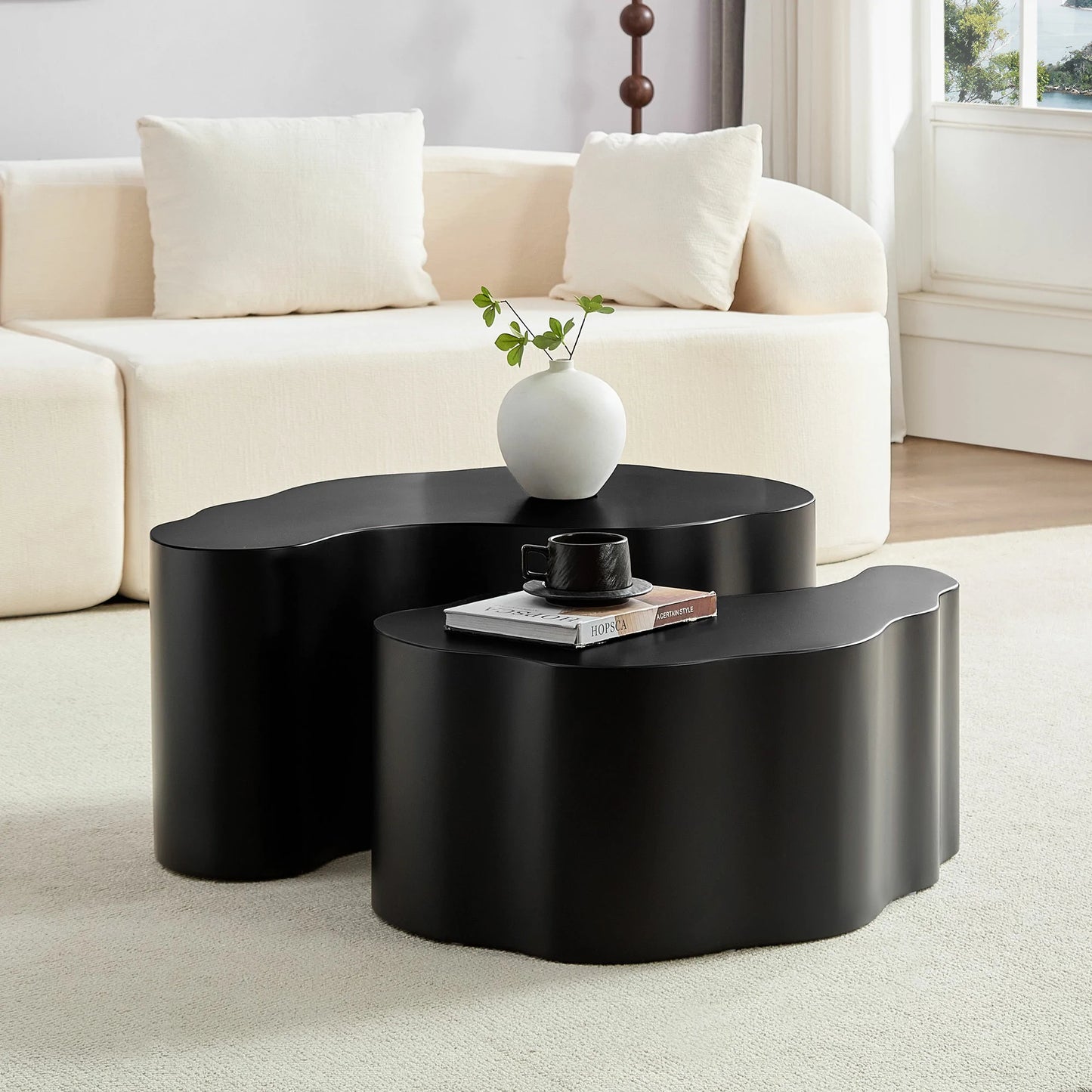 Unique Shape MDF Nesting Table Set of 2 - No Assembly, Black