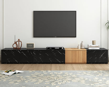 Modern TV Stand with Faux Marble & Walnut Finish for 88" TVs, 4-Drawer