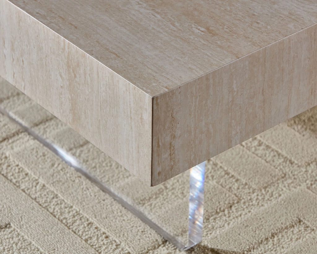 34.65'' Square Faux Travertine Coffee Table with Acrylic Legs, Modern MDF Design