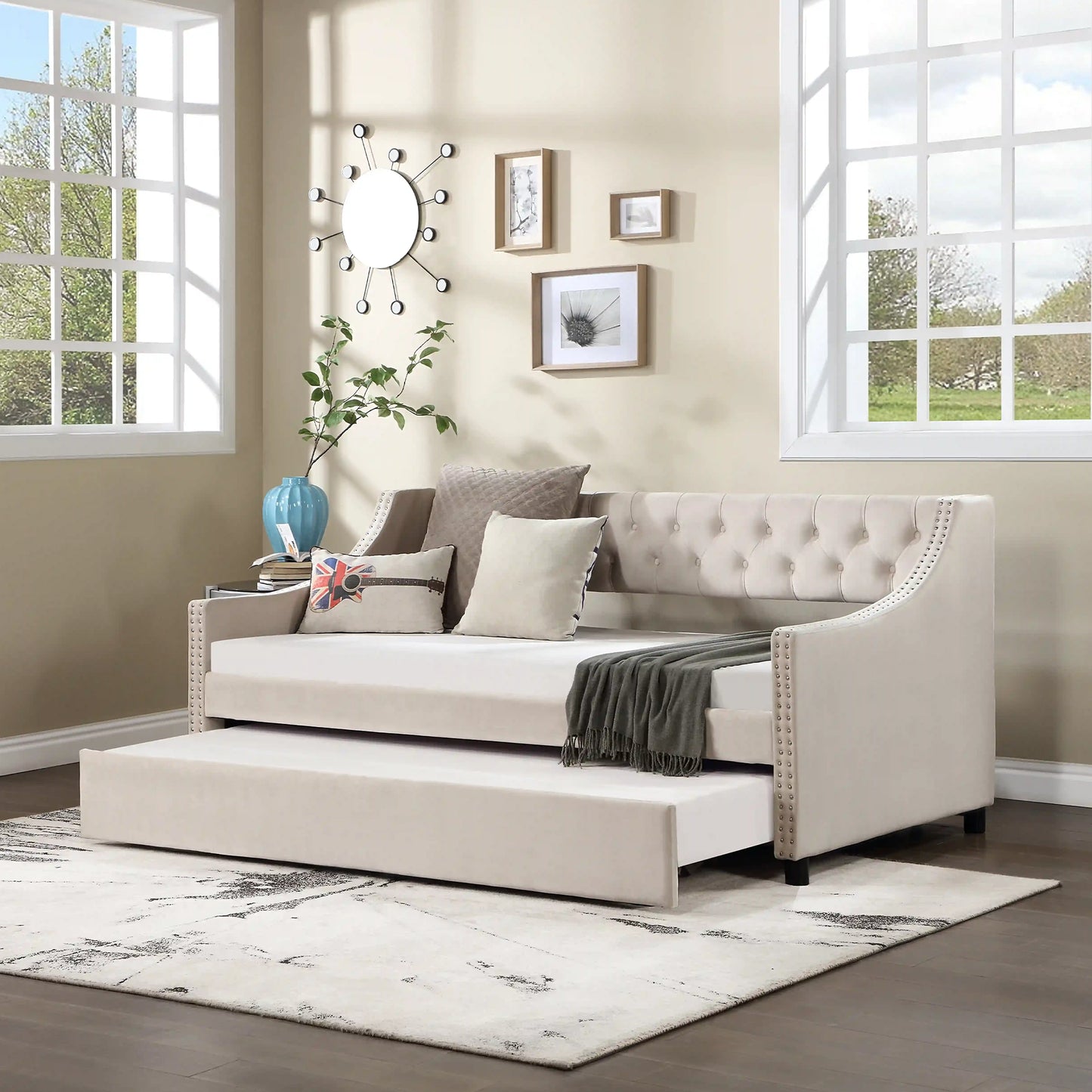 Daybed with Trundle Upholstered Tufted Sofa Bed, with Button and Copper Nail on Arms