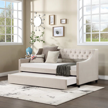 Daybed with Trundle Upholstered Tufted Sofa Bed, with Button and Copper Nail on Arms