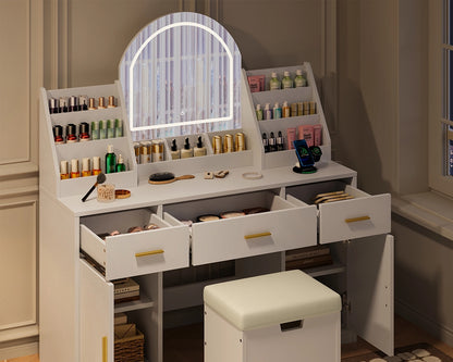 47.2" Makeup Vanity Set with LED Mirror, Storage Stool & Drawers - White