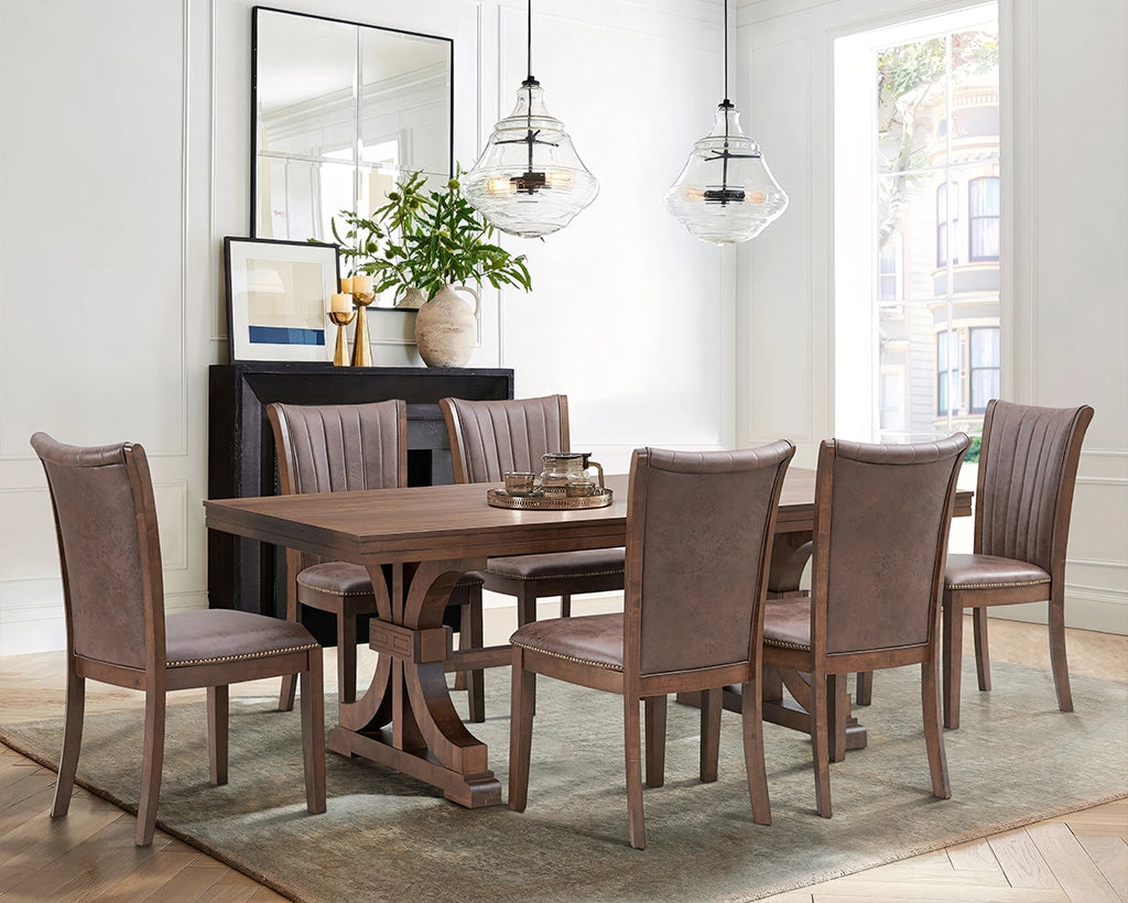 Mid Century Modern 7-Pc Dining Set: Faux Leather Chairs & Rubber Wood Table