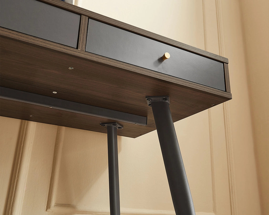 Mid Century Modern Desk with 3 Drawers, Walnut & Dark Grey
