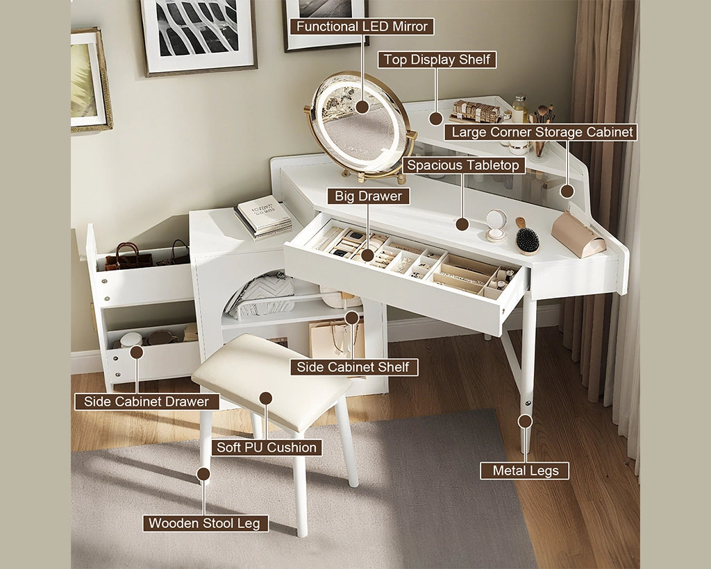 Corner Makeup Vanity Desk with LED Lights, Storage & Stool