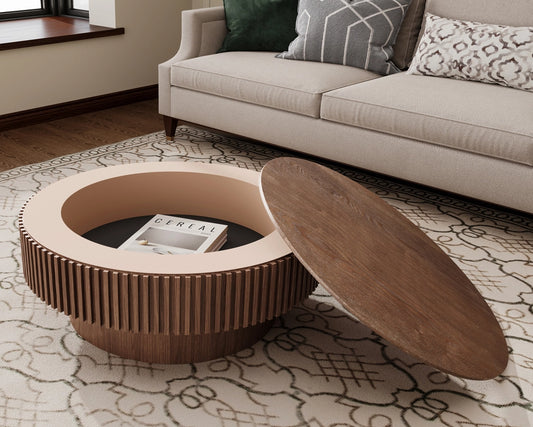 31.5'' Round Coffee Table with Storage Solid Wood Veneered