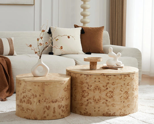 2-Piece Nested Round Coffee Table Set - Burl Wood Veneer MDF