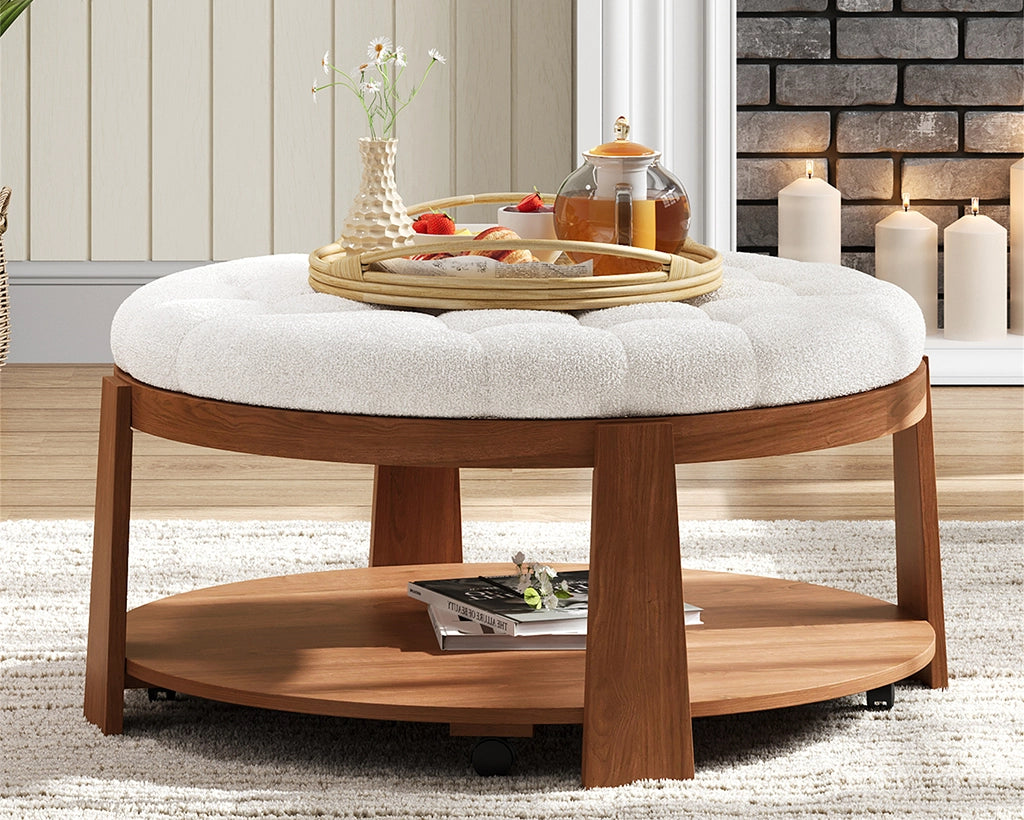 Modern Large Round Ottoman Coffee Table 2-Tier Oversized Button Tufted Ottoman