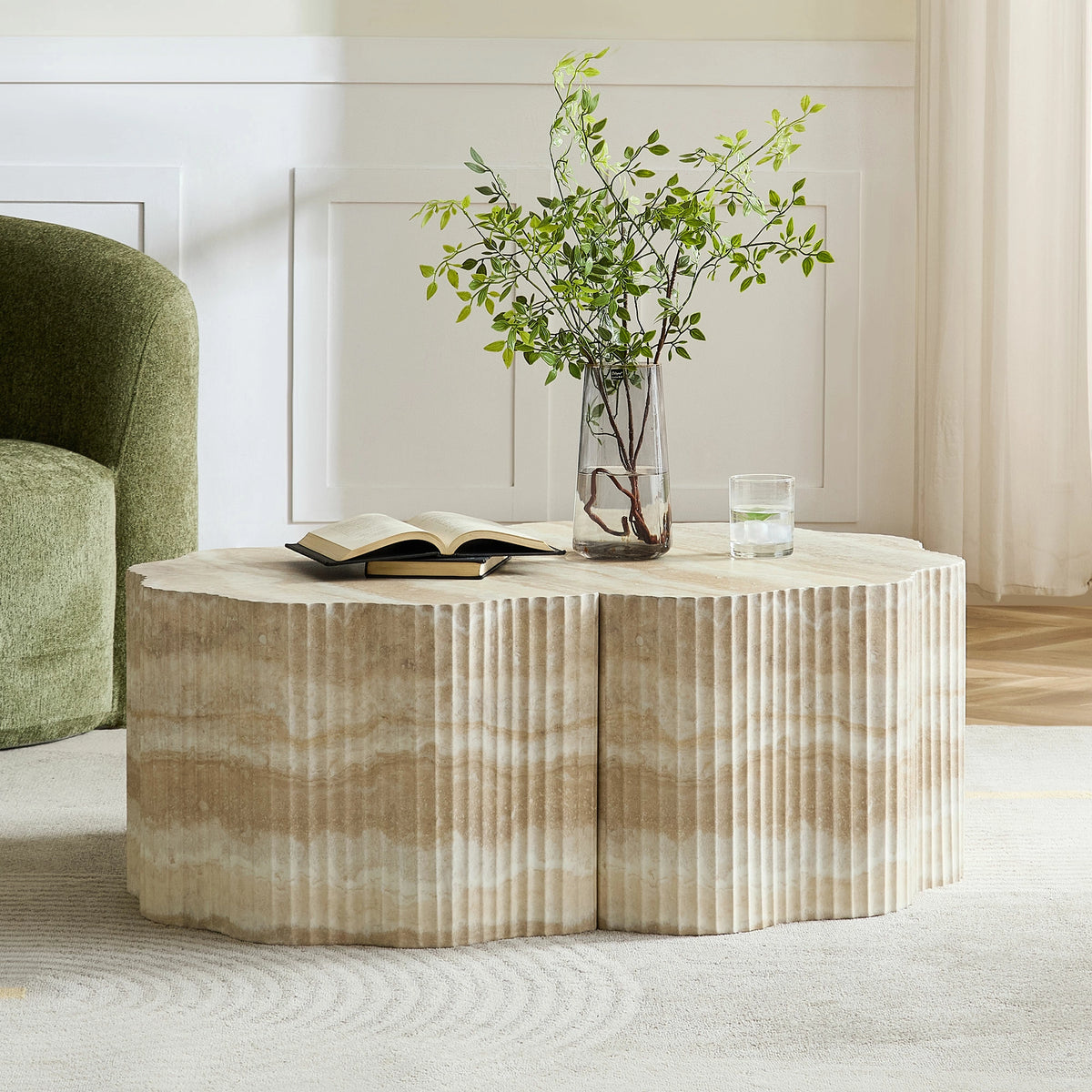 39.61" Pet House Travertine 2-Piece Round Coffee Table Set – No Assembly