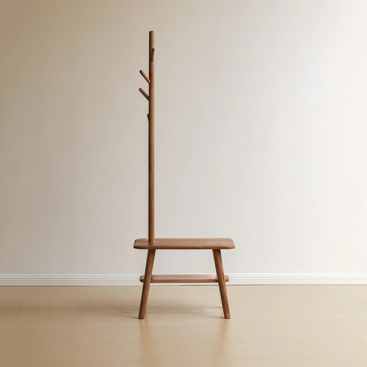 Solid Wood Shoe Stool with Cloth Hanger – Mid-Century Storage Bench