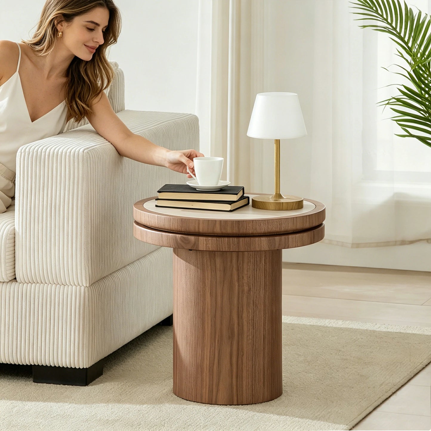 19.49" Round MDF Side Table – Sintered Stone Top, Natural