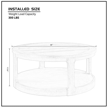 40-Inch Curved 2-Tier Round Wooden Coffee Table with Wheels, Mid-Century Rustic Style