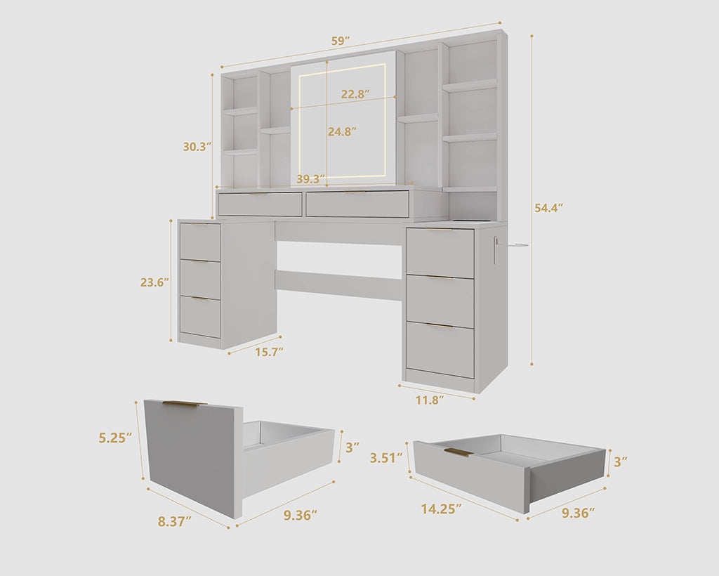 59" Makeup Vanity Desk with LED Mirror & 8 Drawers