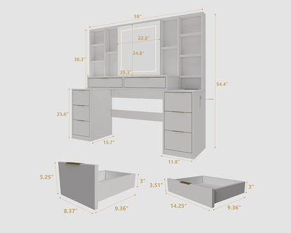 59" Makeup Vanity Desk with LED Mirror & 8 Drawers