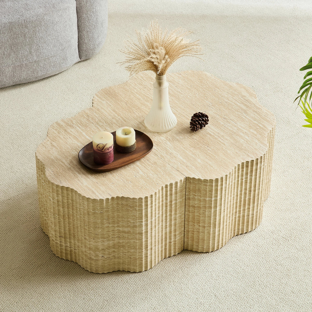 39.61" Pet House Travertine 2-Piece Round Coffee Table Set – No Assembly