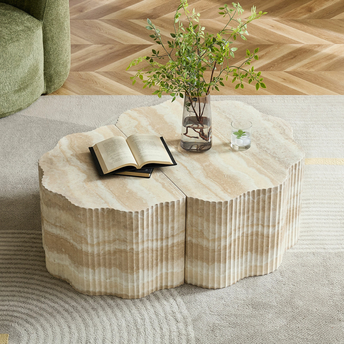 39.61" Pet House Travertine 2-Piece Round Coffee Table Set – No Assembly