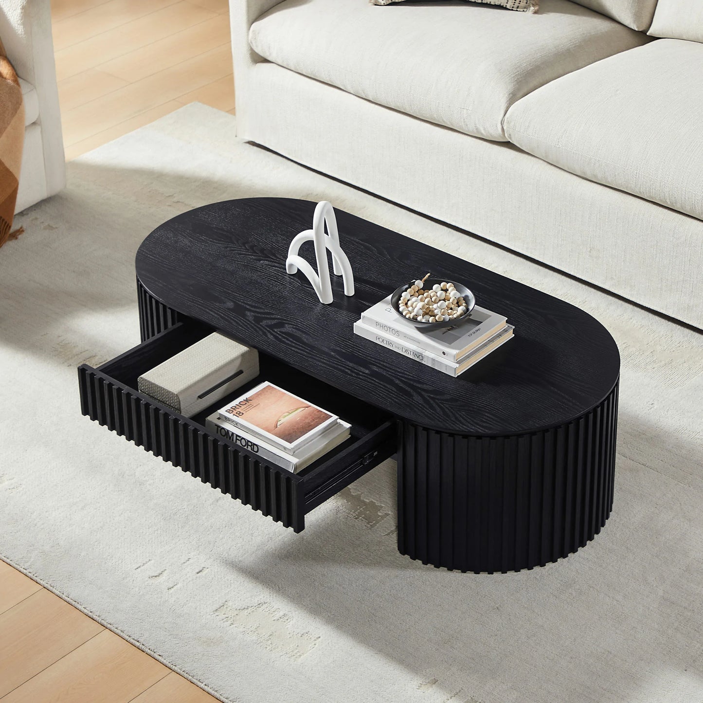 51.18" Oval Coffee Table with Drawer - Mid Century Modern - Black