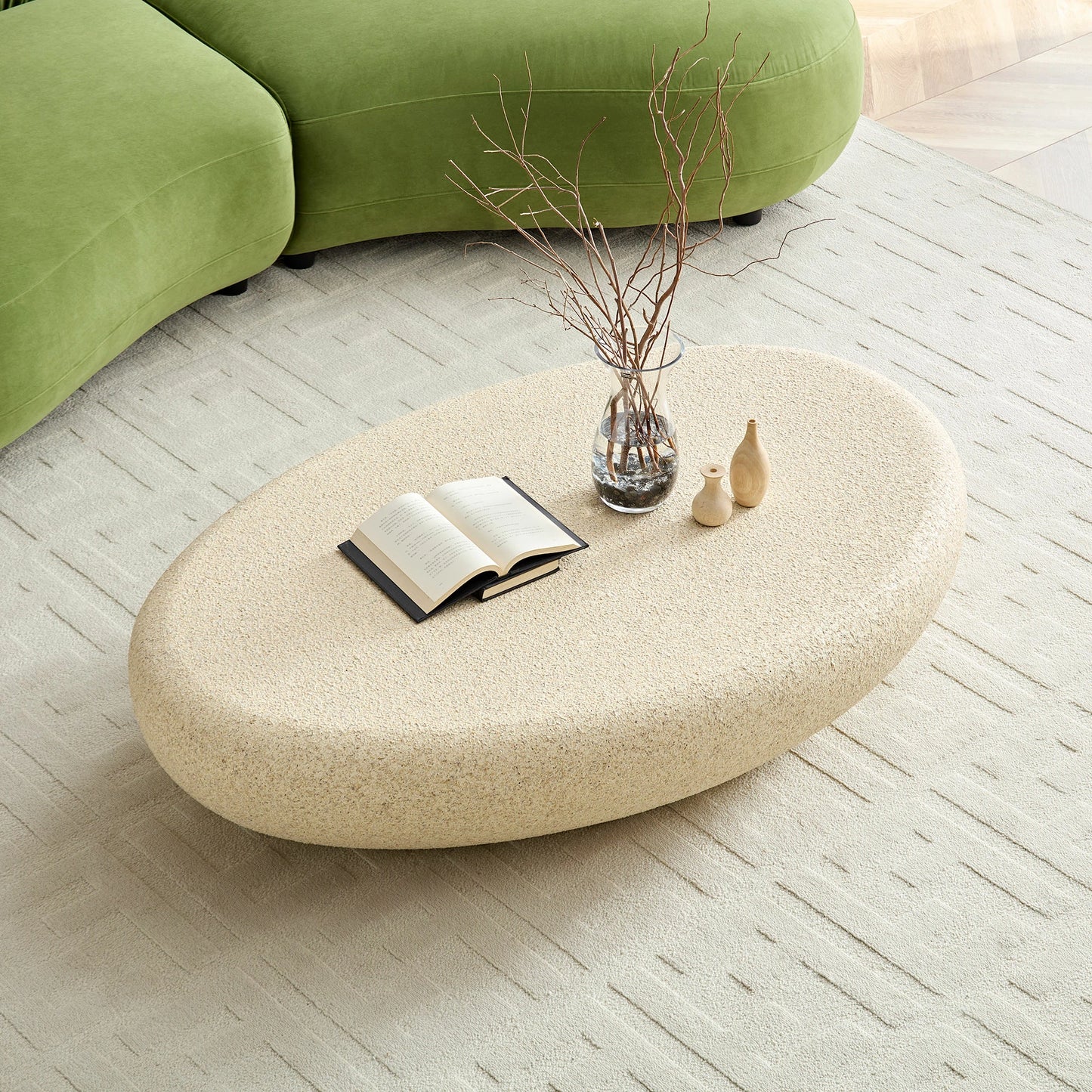 53.35" Elliptical Fiberglass Coffee Table – Matte Rock Texture, No Assembly